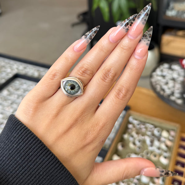 Blown Glass Blue/Green/Gray Silver Skeleton Eye Ring