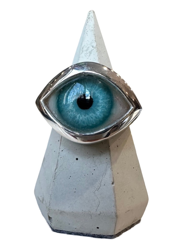 Hand Painted Blue Silver Eye Ring