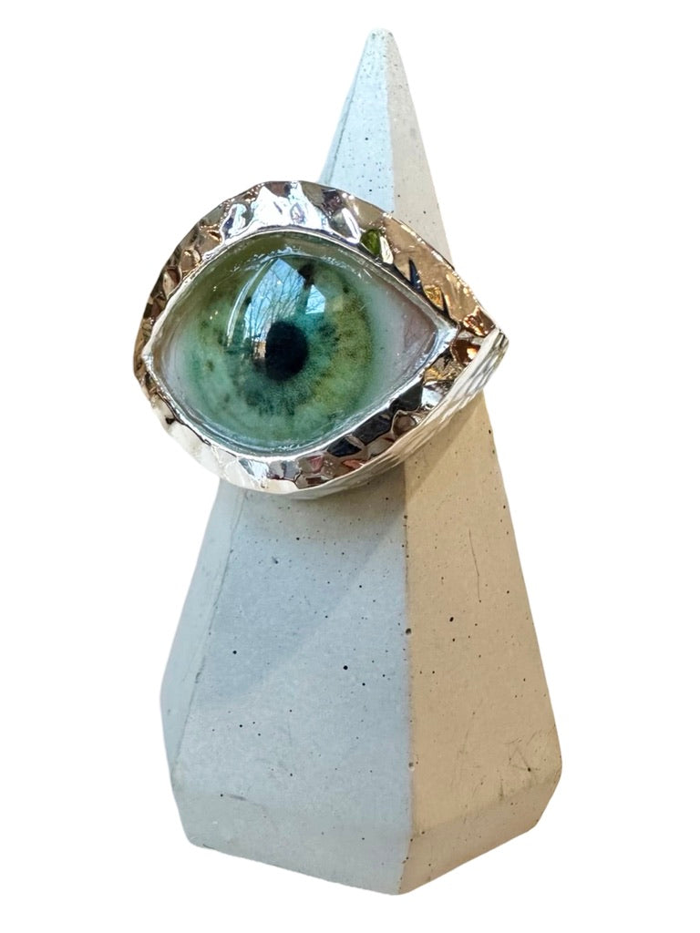 Hammered Hand Painted green freckly Silver Eye Ring