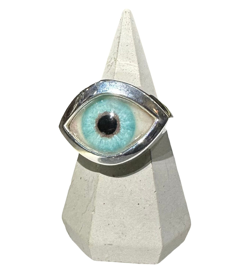 Hand Painted light Blue Silver Eye Ring