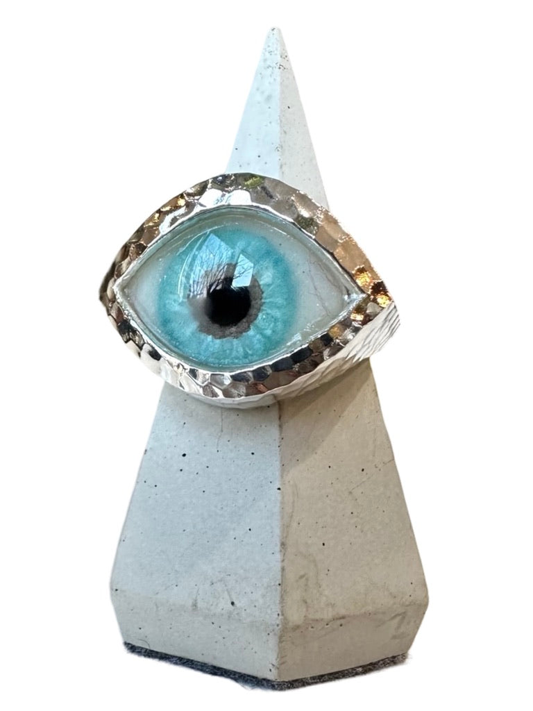 Hammered Hand Painted bright blue Silver Eye Ring