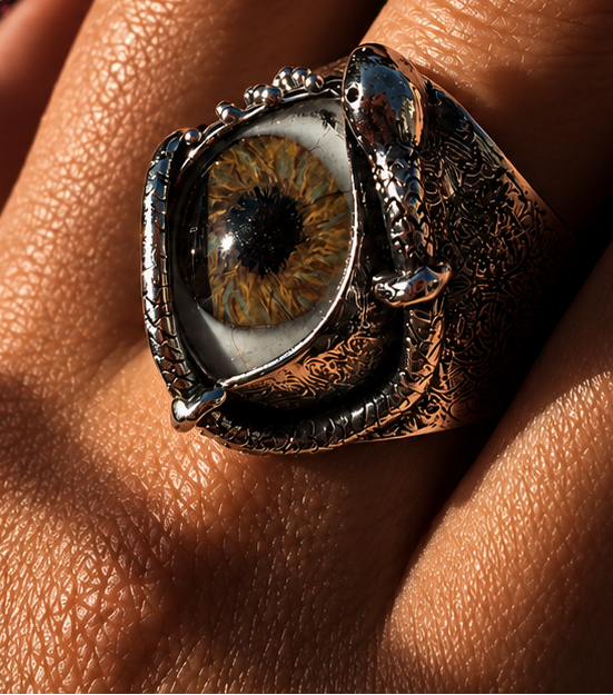 A close-up of a hand wearing a large silver ring featuring a realistic eye with a brown iris and black pupil, set against a dark background with dramatic shadows.