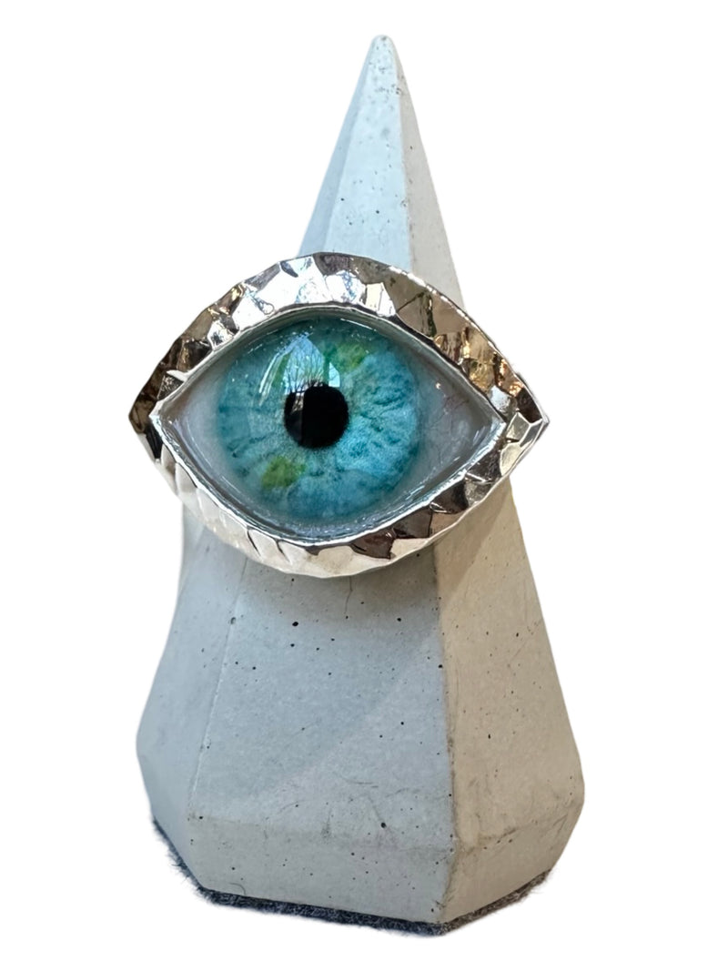 Hammered Hand Painted Green Blue Silver Eye Ring