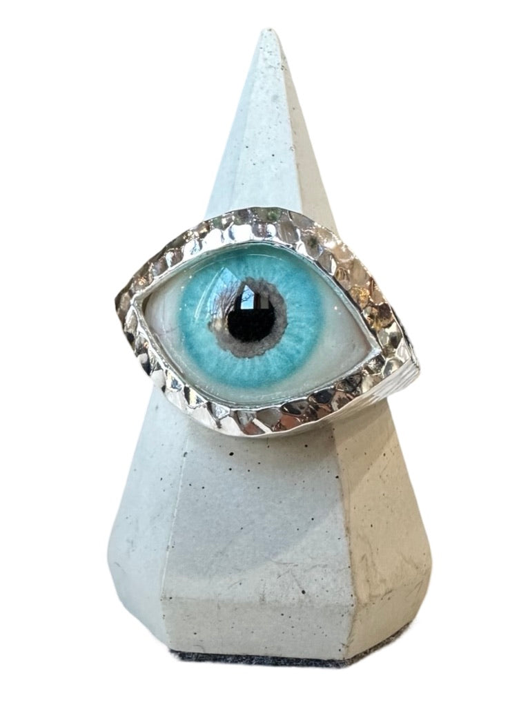 Hammered Hand Painted bright teal Silver Eye Ring