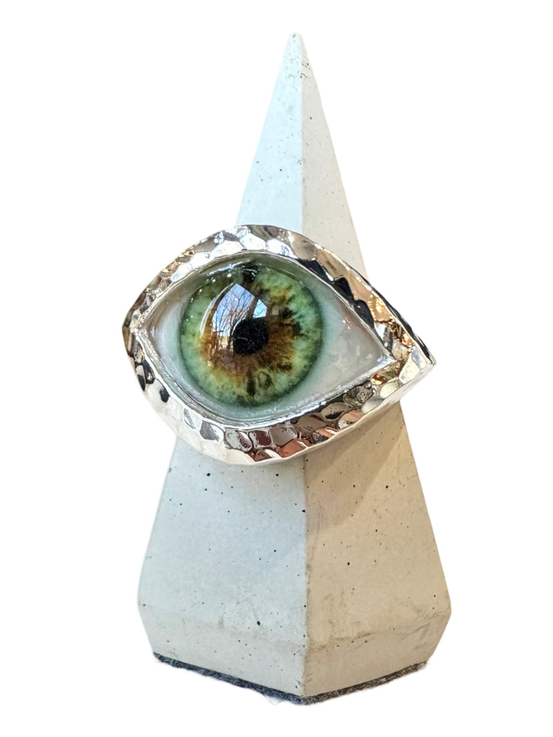 Hammered Hand Painted green Hazel freckles Silver Eye Ring