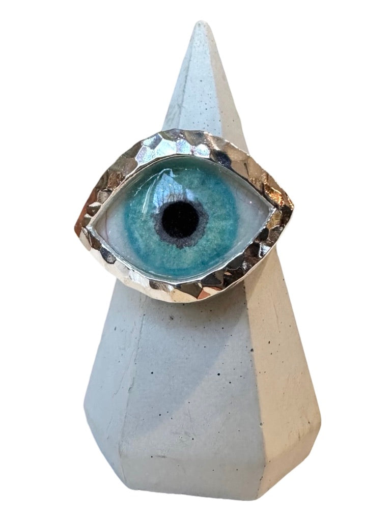 Hammered Hand Painted blue Silver Eye Ring