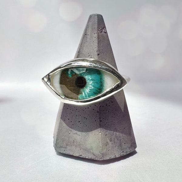 Hand Painted Turquoise and brown Silver Dali Eye Ring