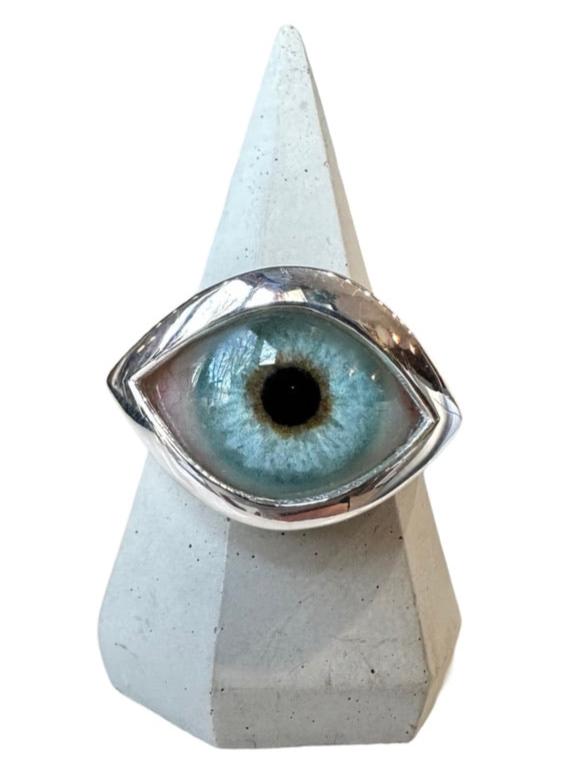 Hand Painted Blue Silver Eye Ring