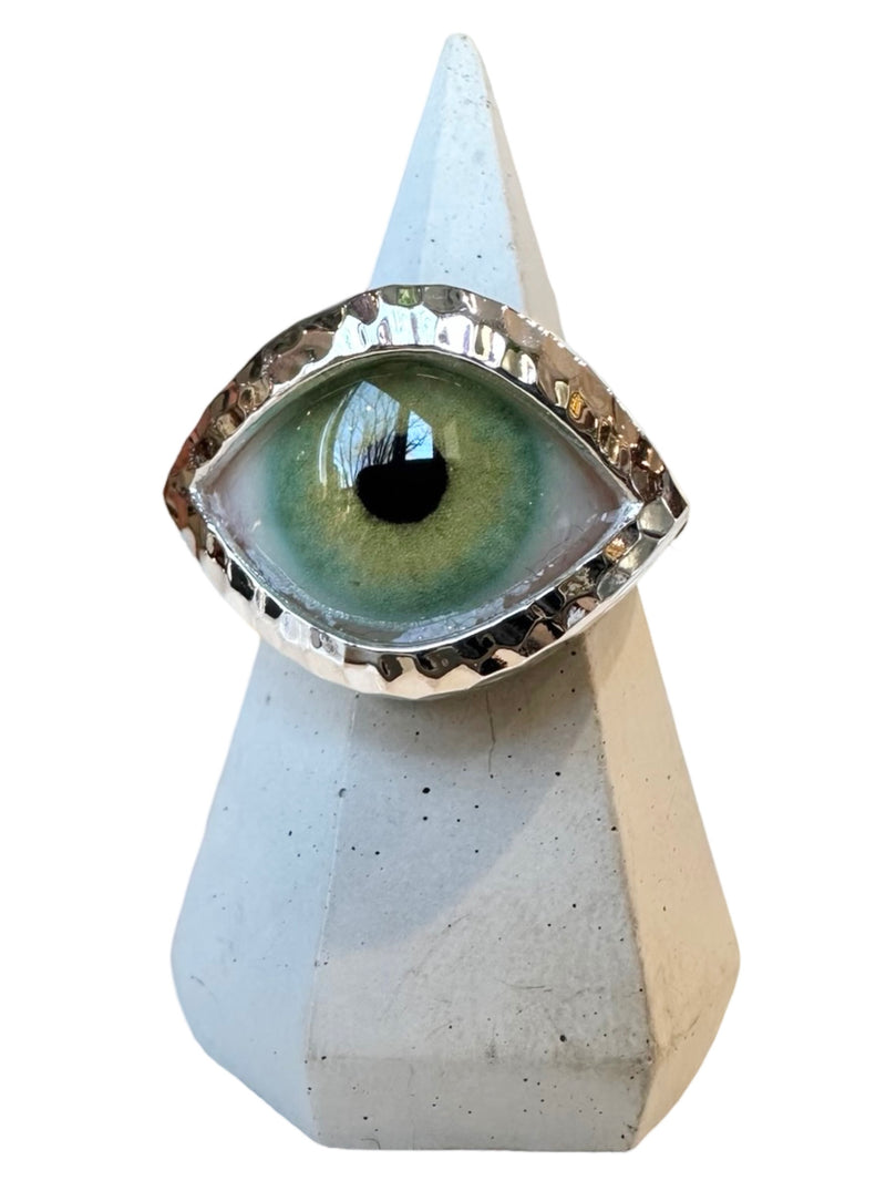 Hammered Hand Painted bright green Silver Eye Ring