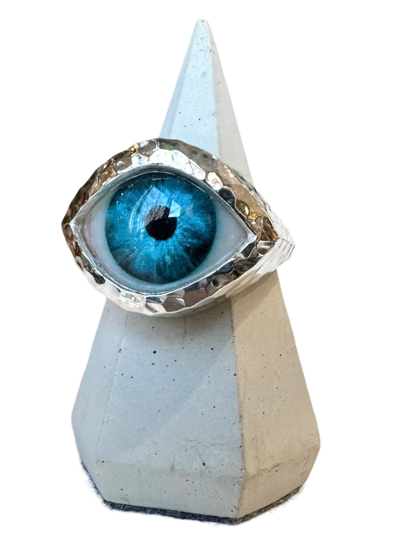 Hammered Hand Painted bright blue Silver Eye Ring