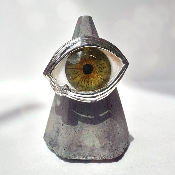 Hand Painted Green hazel crying Silver Skeleton Eye Ring