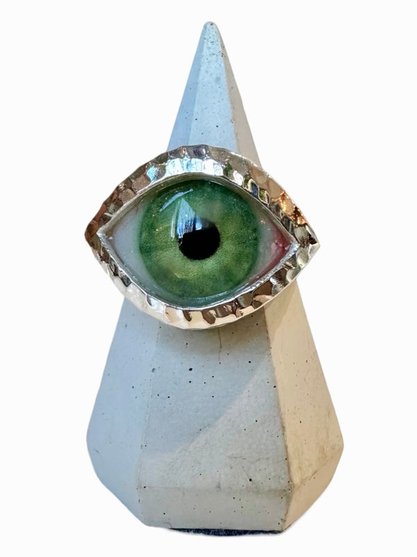 Hammered Hand Painted green Silver Eye Ring