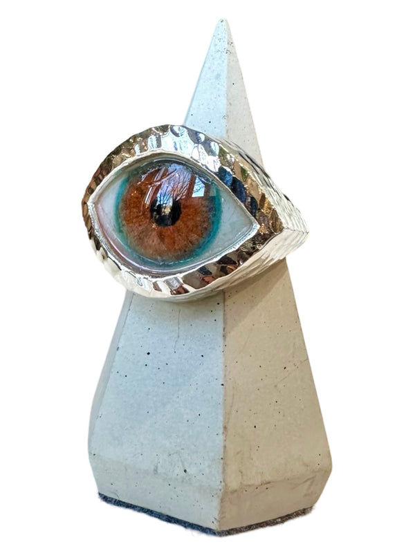 Hammered Hand Painted hazel Silver Eye Ring