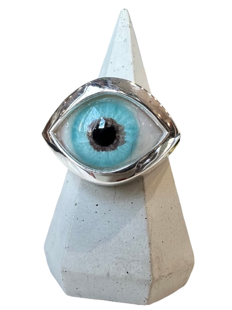 Hand Painted light Blue Silver Eye Ring