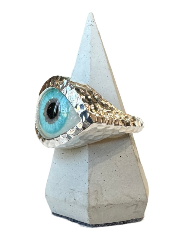 Hammered Hand Painted bright teal Silver Eye Ring