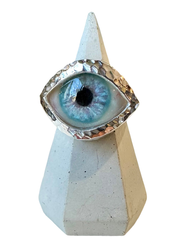 Hammered Hand Painted blue lavender Silver Eye Ring