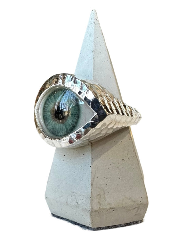 Hammered Hand Painted deep teal hazel Silver Eye Ring