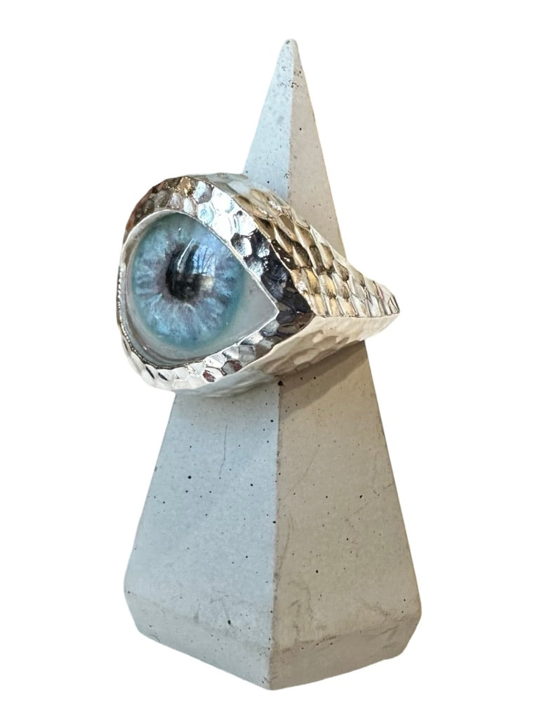 Hammered Hand Painted blue lavender Silver Eye Ring