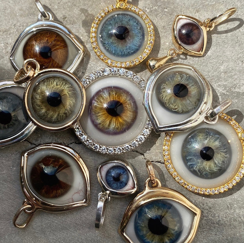 Blue Hazel Blown Glass Eye Pendant with Halo