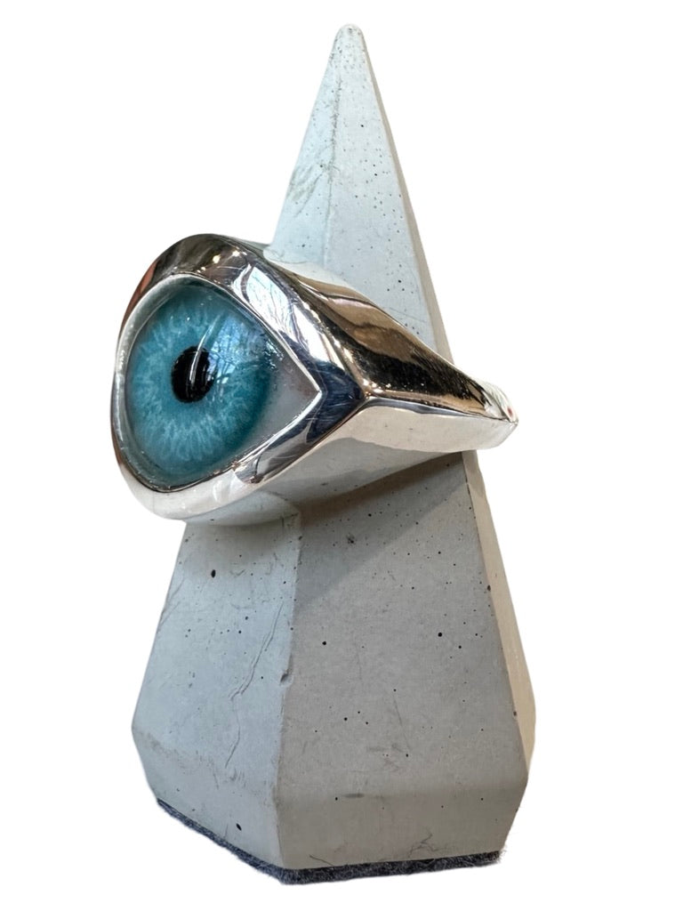 Hand Painted Blue Silver Eye Ring