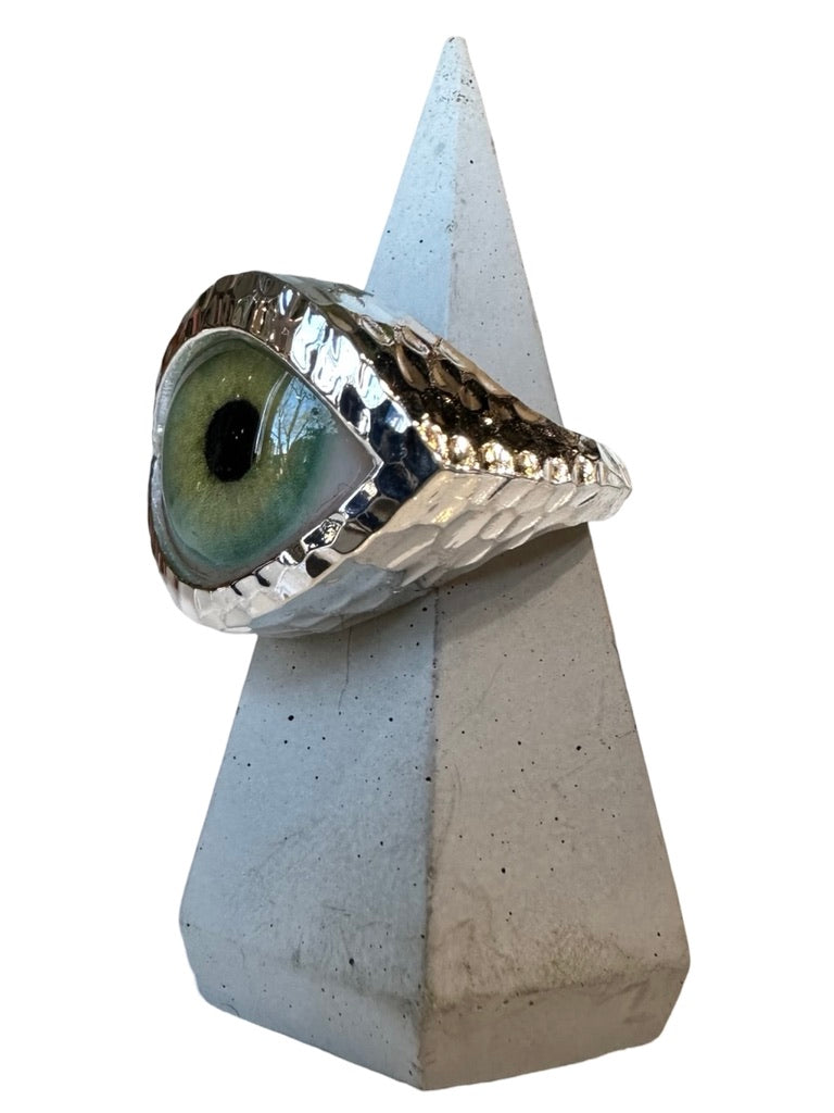 Hammered Hand Painted bright green Silver Eye Ring