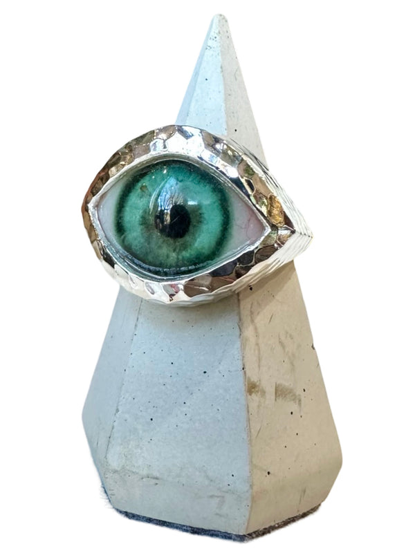 Hammered Hand Painted teal Silver Eye Ring