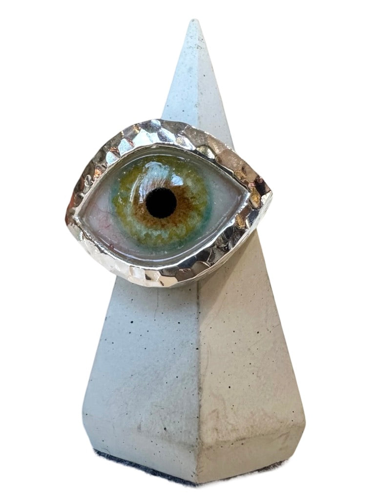 Hammered Hand Painted green hazel Silver Eye Ring