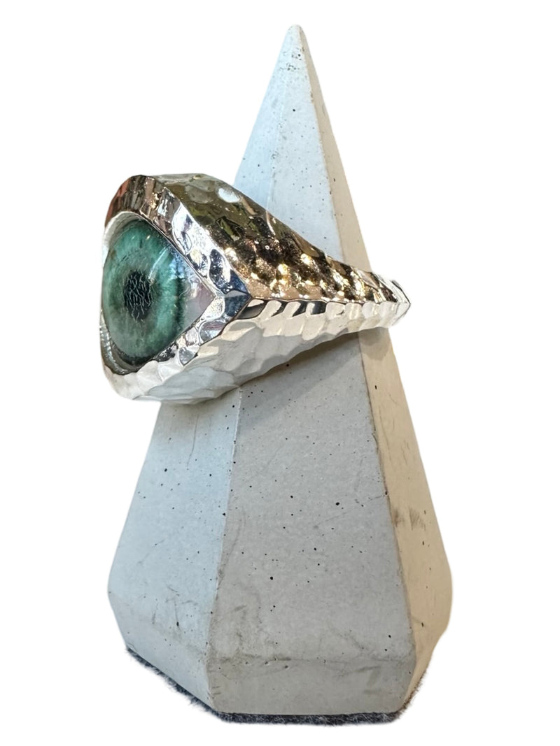 Hammered Hand Painted teal Silver Eye Ring