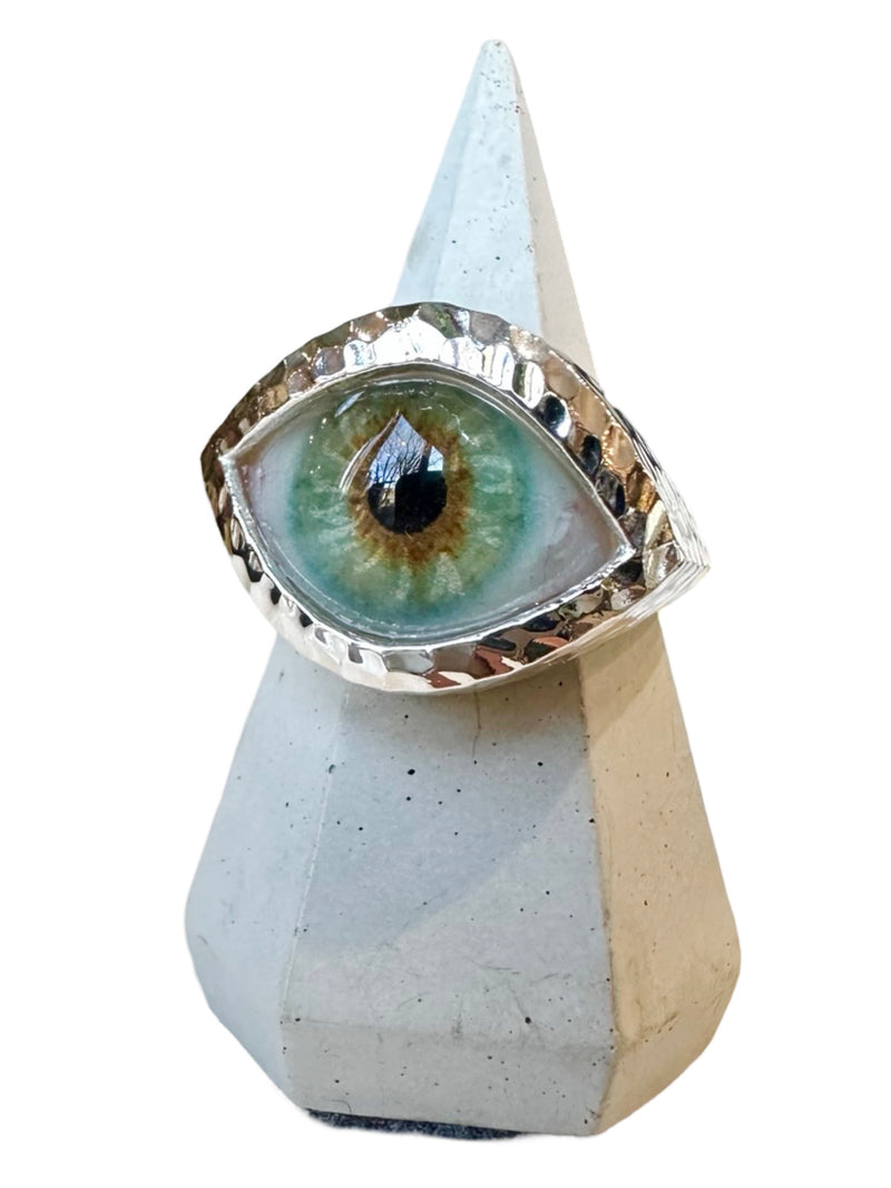 Hammered Hand Painted bright hazel Silver Eye Ring