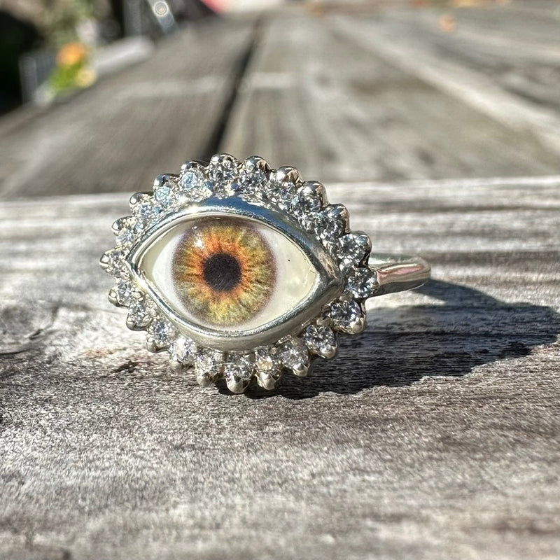 Custom Mini Eye Ring with moissanite halo