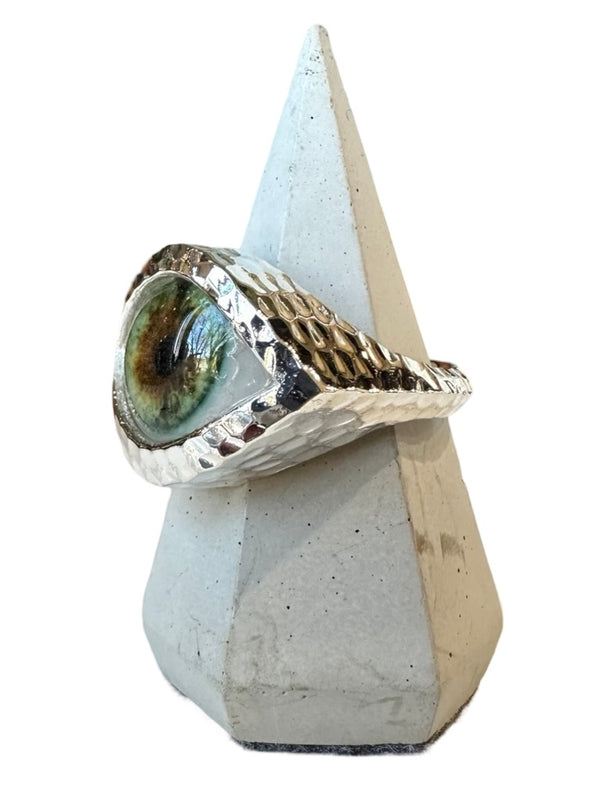 Hammered Hand Painted green Hazel freckles Silver Eye Ring