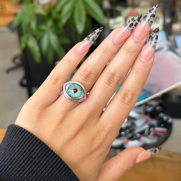 Hand Painted Blue Silver Skeleton Eye Ring