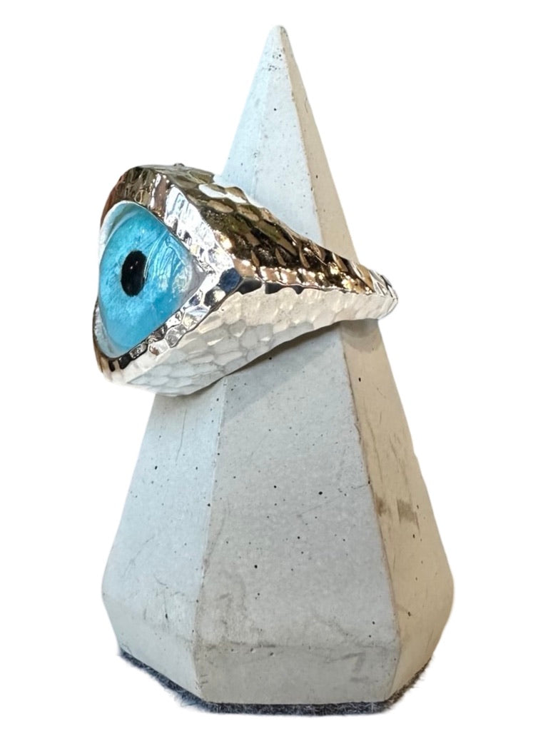 Hammered Hand Painted Ocean blue Silver Eye Ring