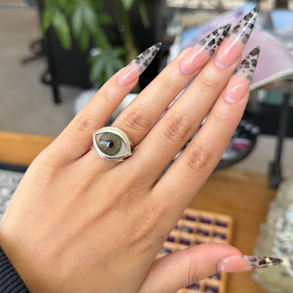 Hand Painted Hazel Silver Skeleton Eye Ring