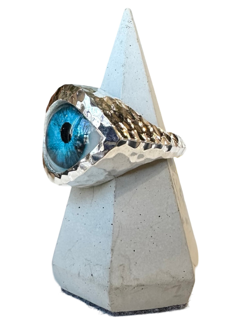 Hammered Hand Painted bright blue Silver Eye Ring