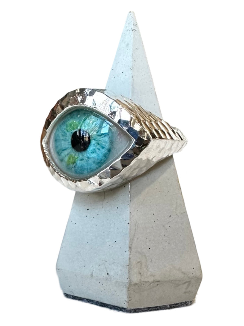 Hammered Hand Painted Green Blue Silver Eye Ring