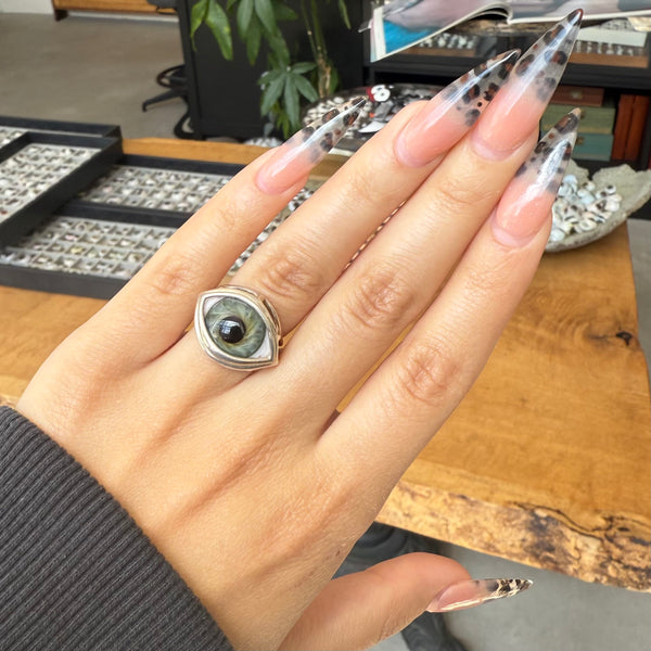 Blown Glass Green/Gray Silver Skeleton Eye Ring