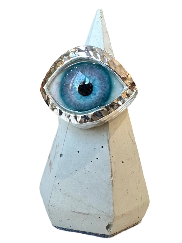 Hammered Hand Painted Lavender Blue Silver Eye Ring