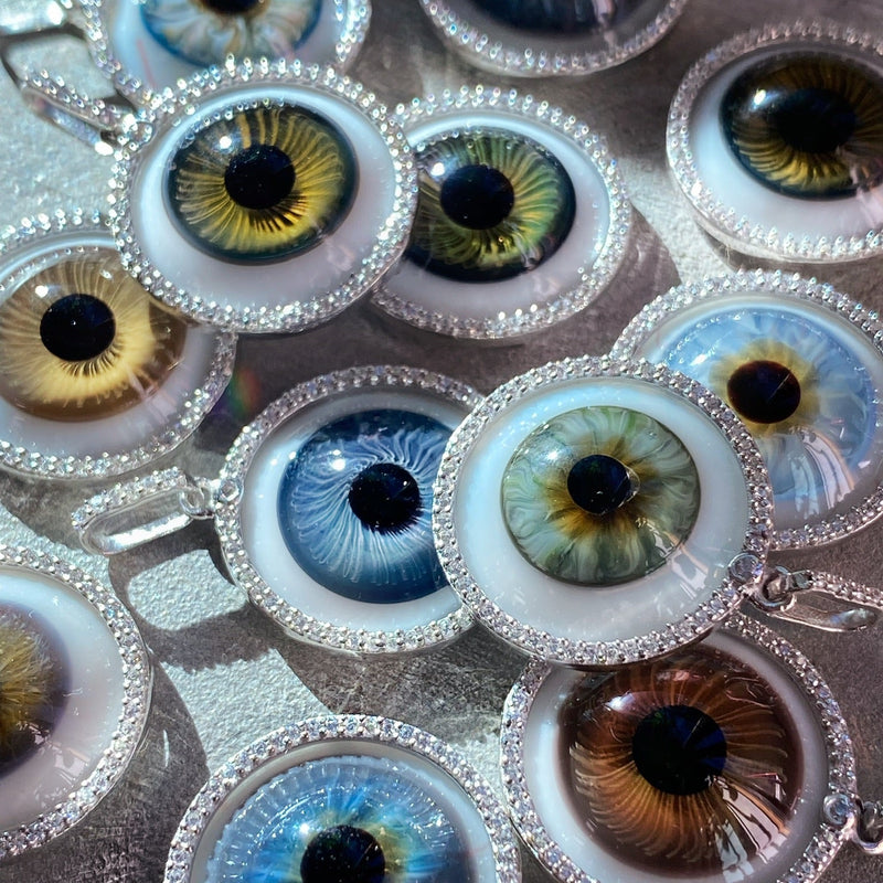 Grey Hazel Blown Glass Eye Pendant with Halo