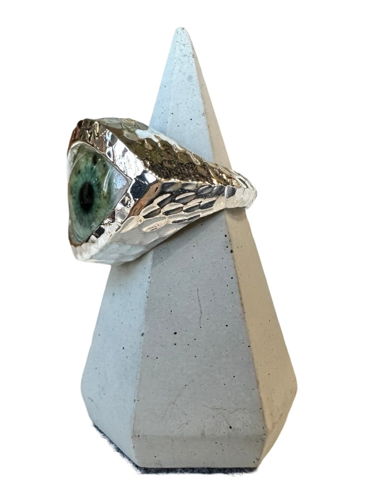 Hammered Hand Painted green freckly Silver Eye Ring