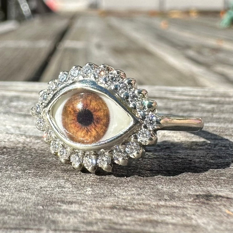 Custom Mini Eye Ring with moissanite halo