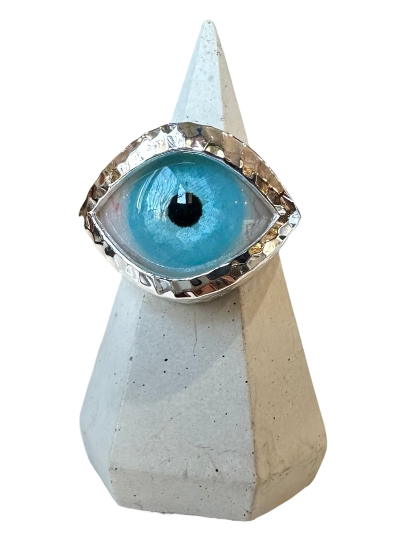 Hammered Hand Painted Ocean blue Silver Eye Ring