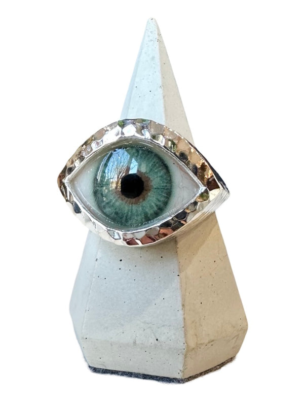 Hammered Hand Painted deep teal hazel Silver Eye Ring