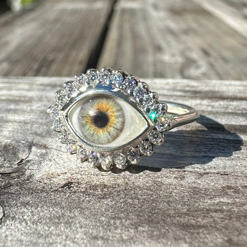 Custom Mini Eye Ring with moissanite halo