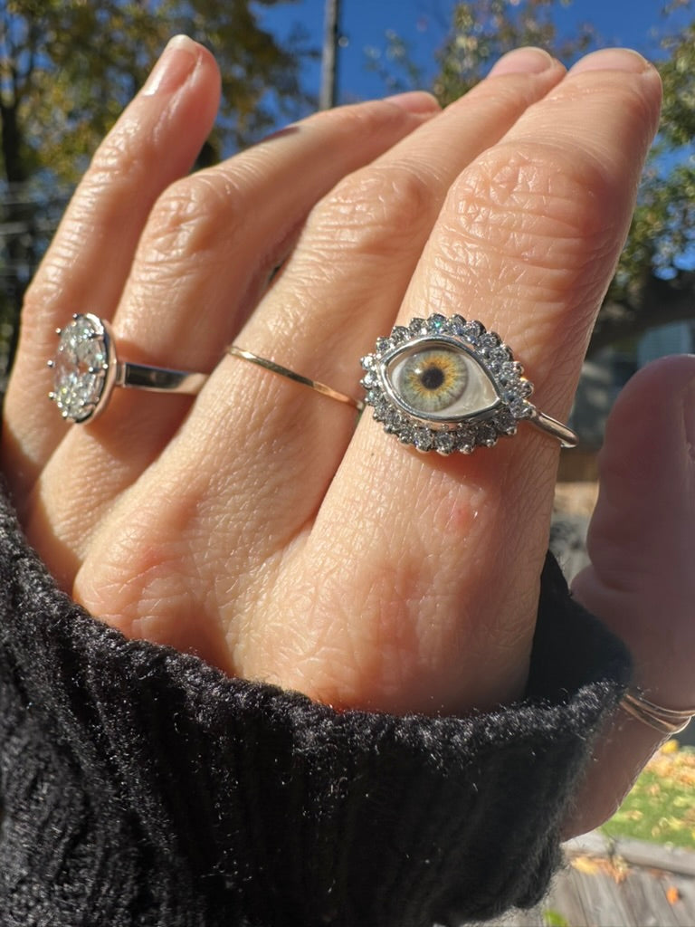 Custom Mini Eye Ring with moissanite halo