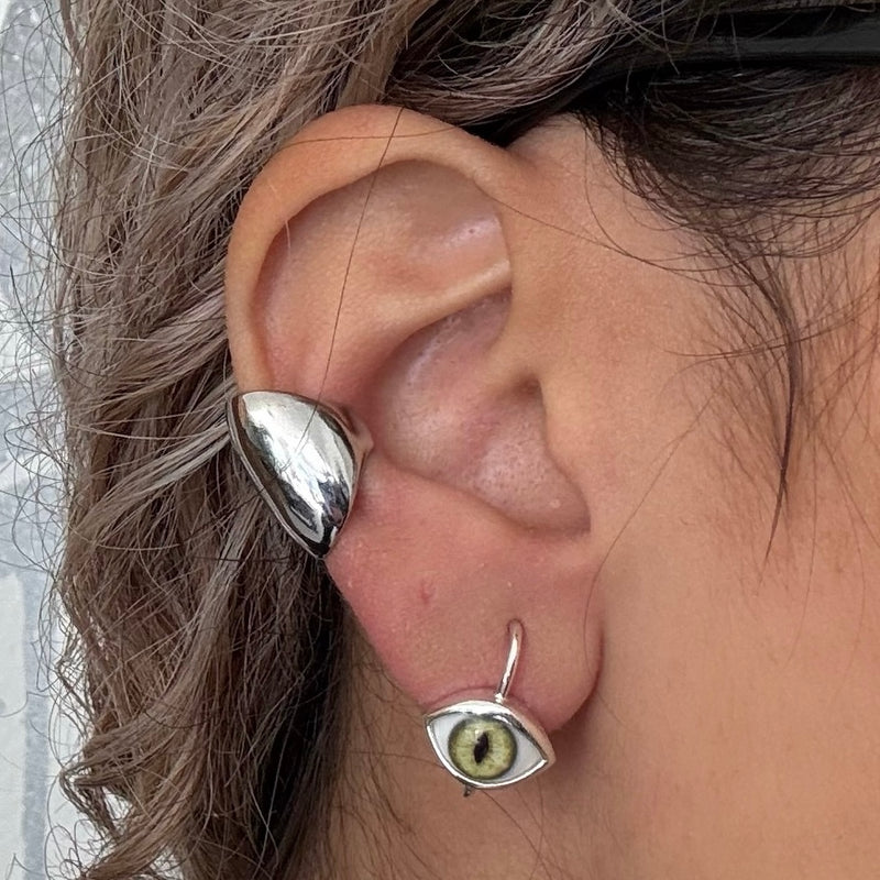 Green Mini Silver Hanging Cat Eye Earring