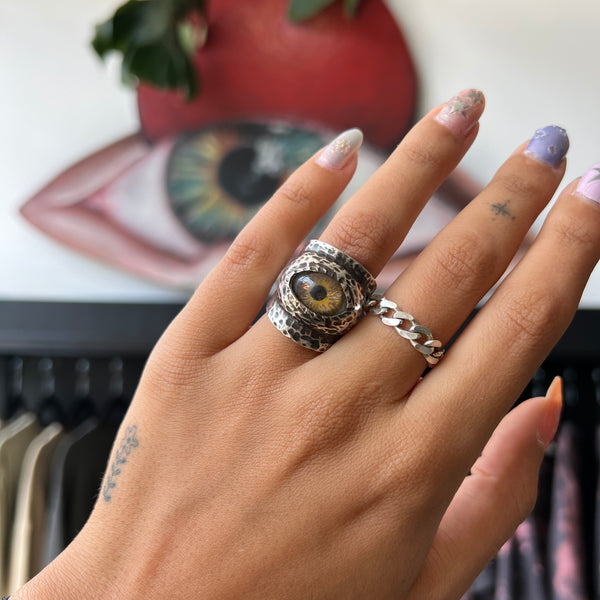 Thorns & Roses Hand Painted Brown Silver Eye Ring