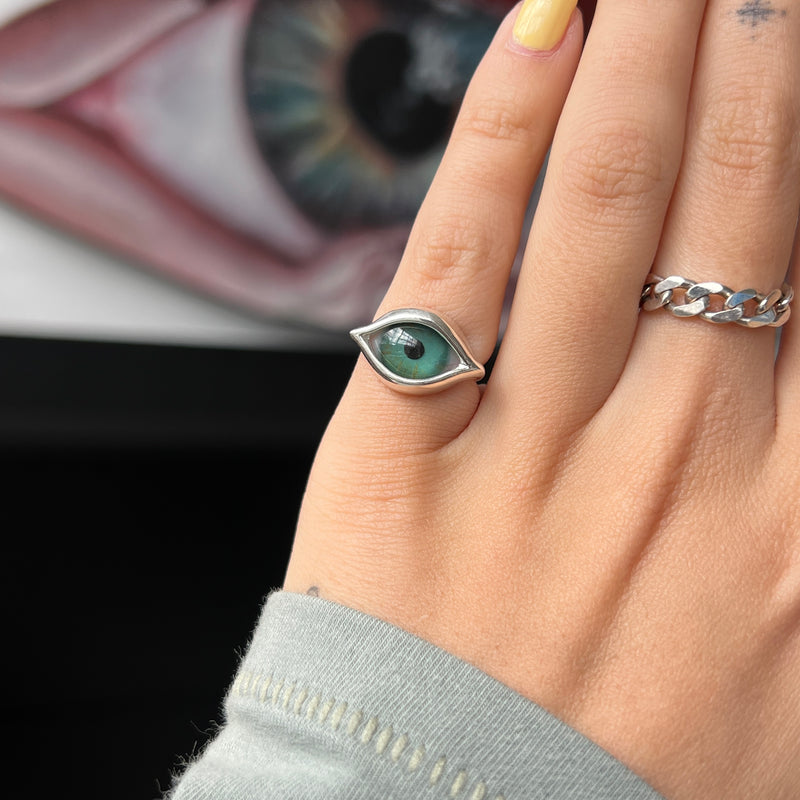 Hand Painted Turquoise Silver Mini Dali Eye Ring