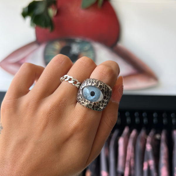 Thorns & Roses Hand Painted Blue Silver Eye Ring