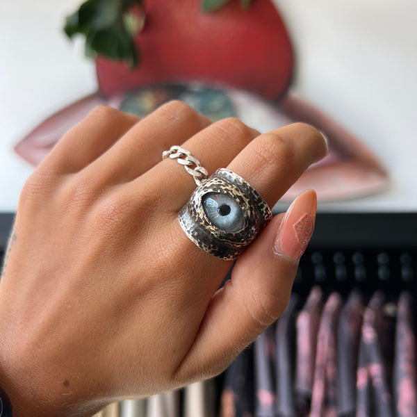 Thorns & Roses Hand Painted Blue Silver Eye Ring